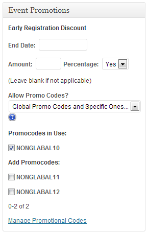 Event editor promo code options