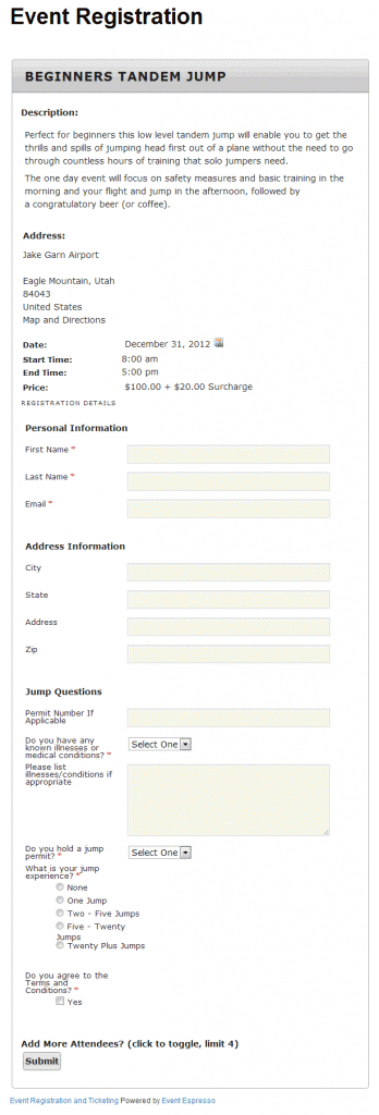 skydiving registration form